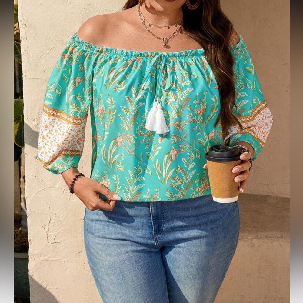Boho Plus Size Off Shoulder Floral Print Peasant Top Blouse Shirt
